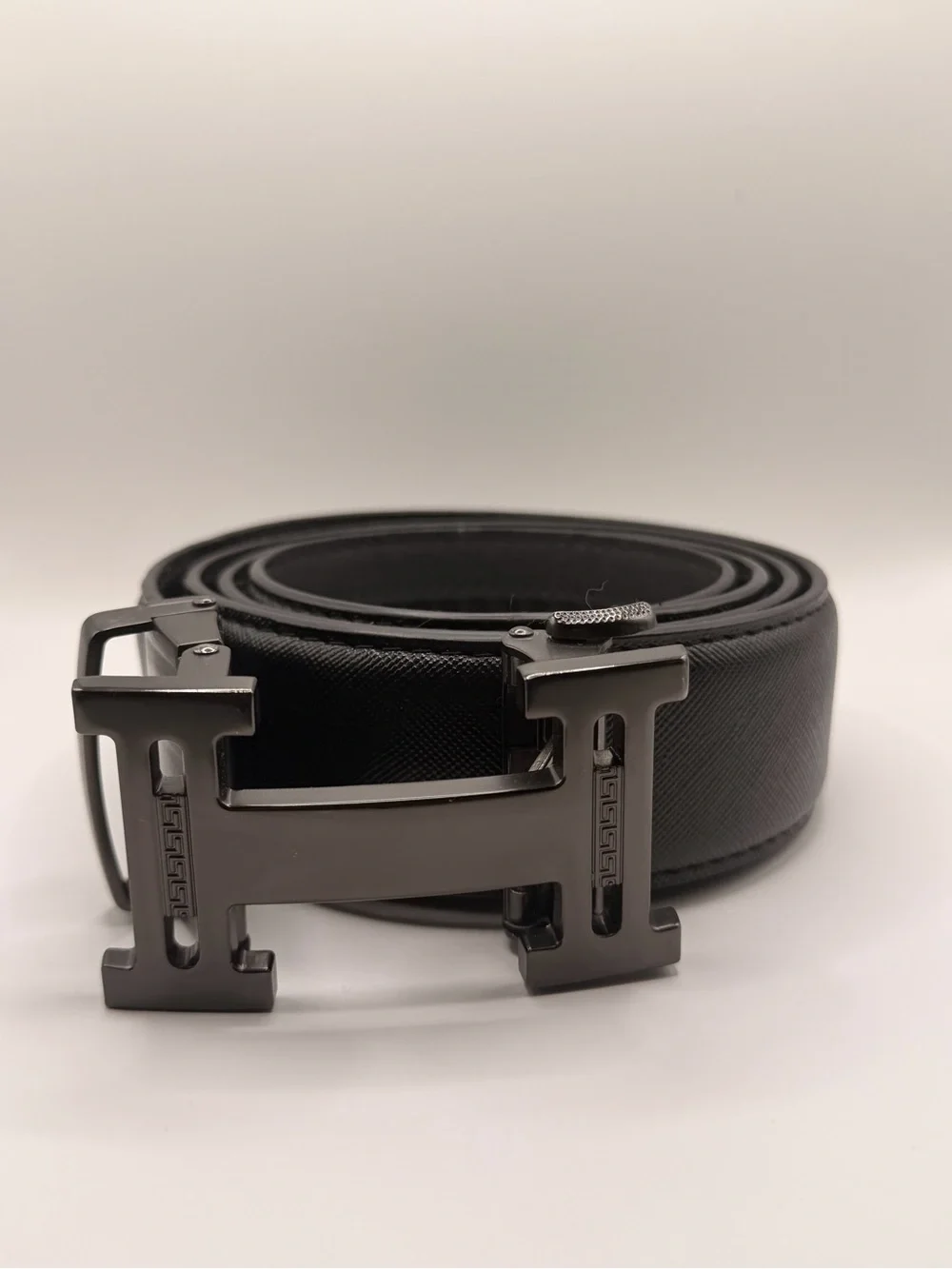 Men's Black Leather Belt with Gunmetal H Buckle